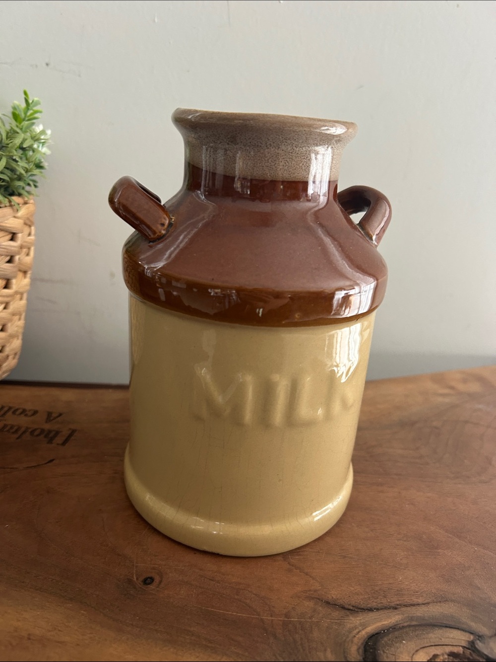 Vintage Milk Jug Crock Pottery Ceramic Stoneware Brown Cream Glazed